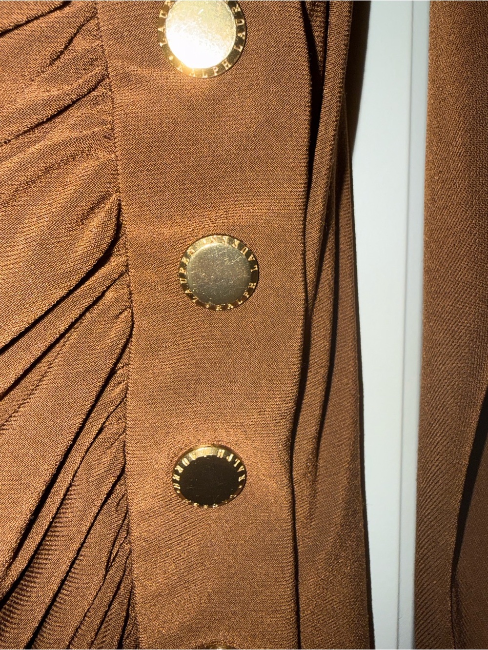Ralph Lauren Brown Draped Midi Dress with Gold Buttons - Picture 3 of 4
